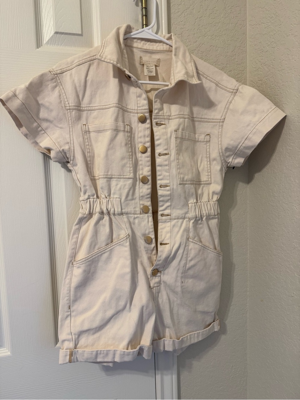 Altar'd State Cream Short-Sleeve Jean Romper